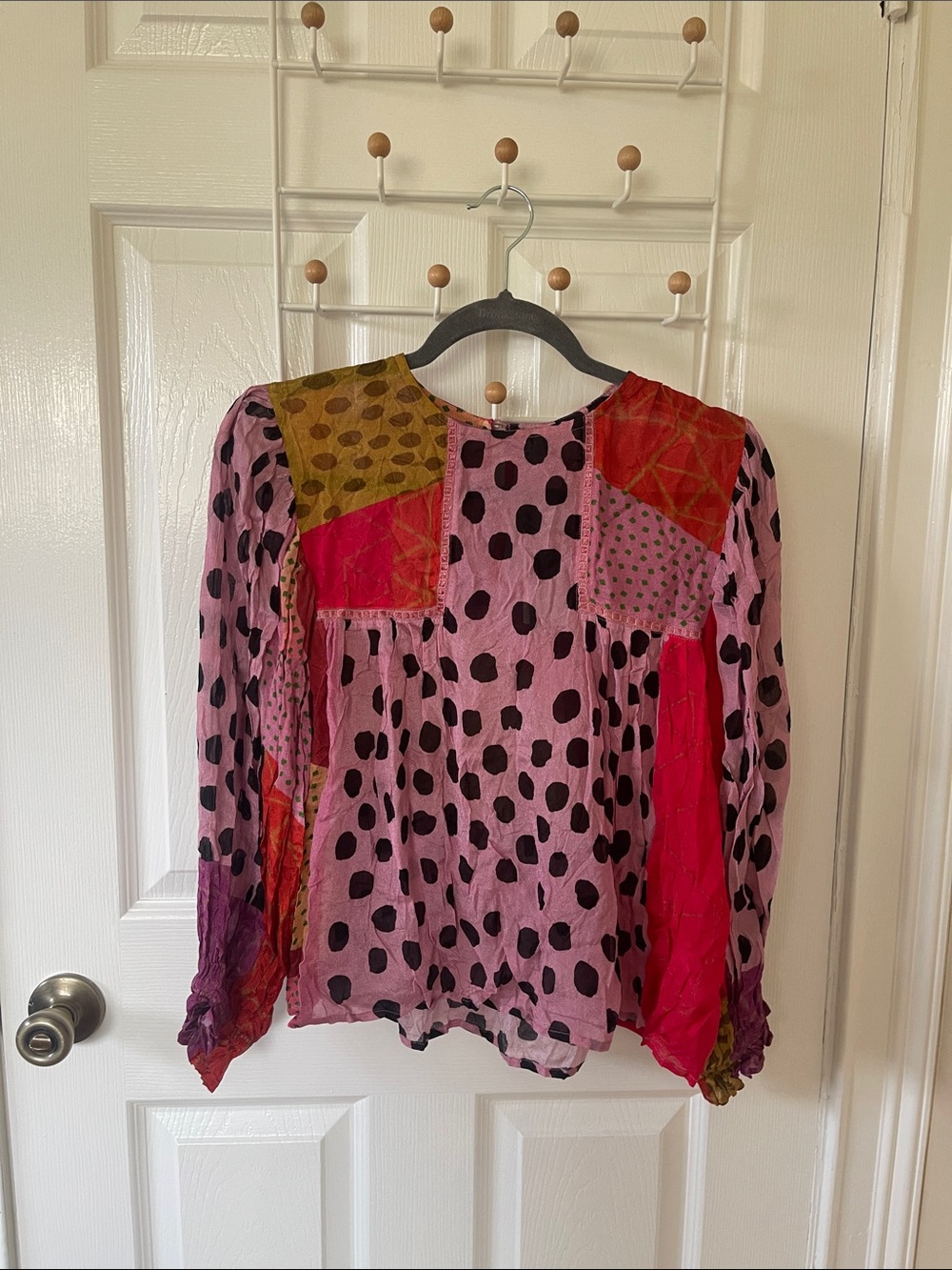 Boho Pink Polka Dot Patchwork Long-Sleeve Blouse